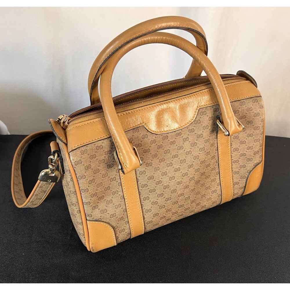 70's GUCCI Beige Canvas Leather Micro GG Monogram Satchel handbag, purse, VTG